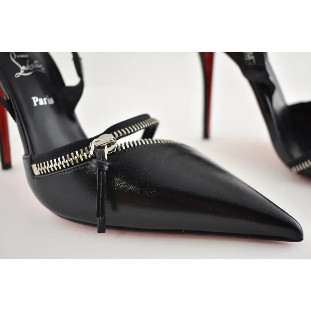 Christian Louboutin Slingyzip 100 Black Leather Zipper Slingback Heel Pump 38